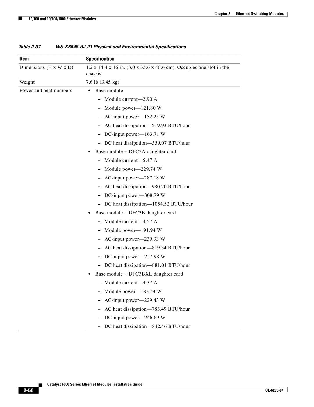 Cisco Systems 6500 manual WS-X6548-RJ-21 Physical and Environmental Specifications 