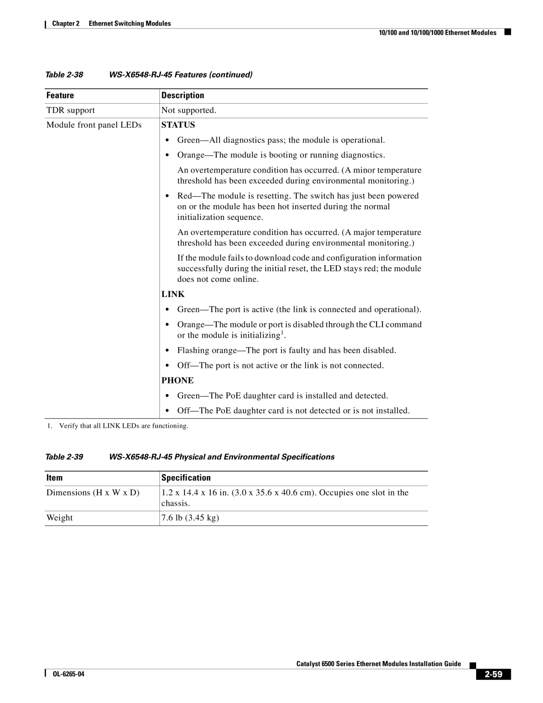 Cisco Systems 6500 manual WS-X6548-RJ-45 Features 