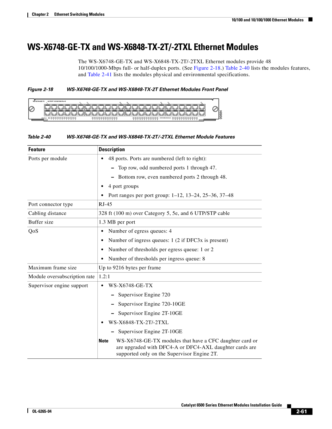 Cisco Systems 6500 manual WS-X6748-GE-TX and WS-X6848-TX-2T/-2TXL Ethernet Modules 