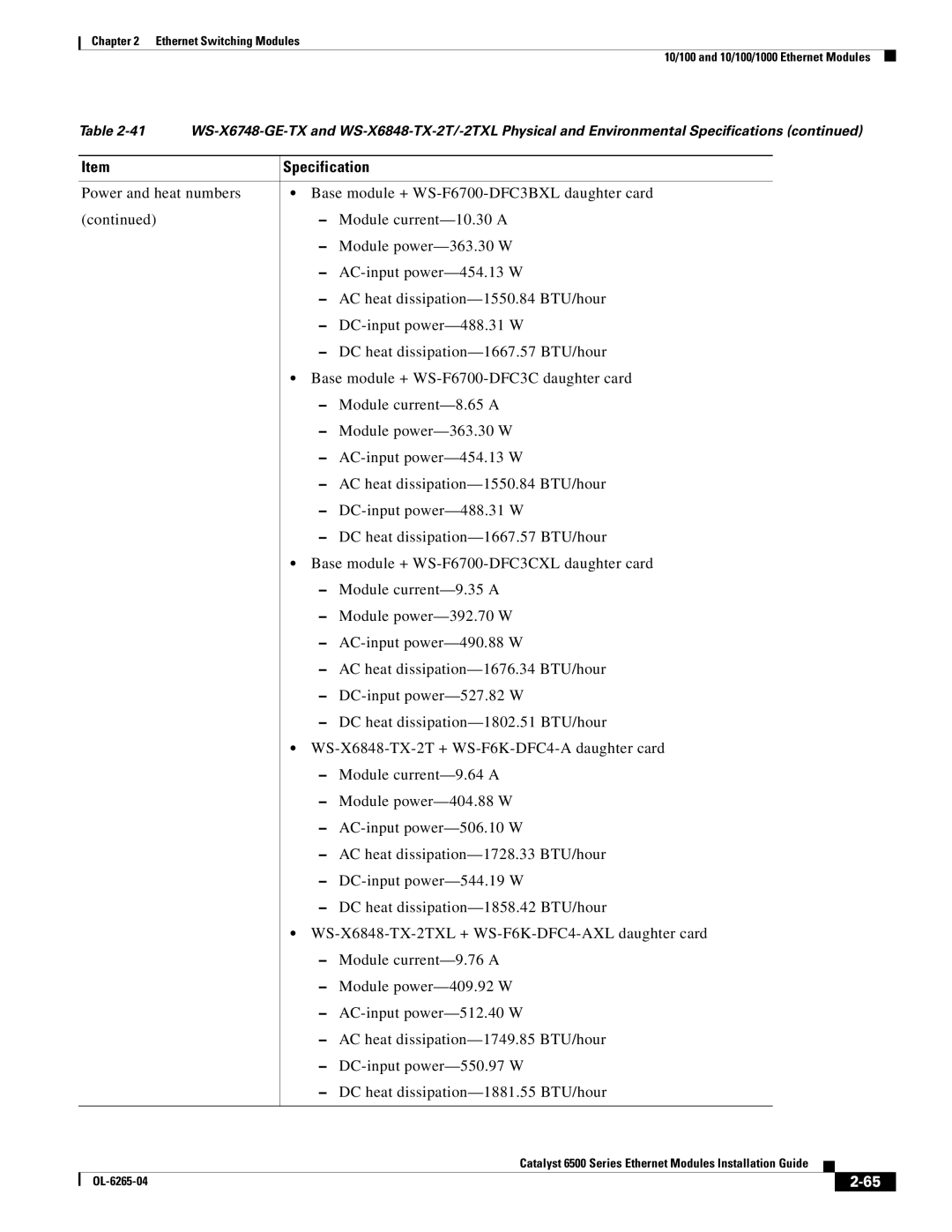 Cisco Systems 6500 manual Specification 