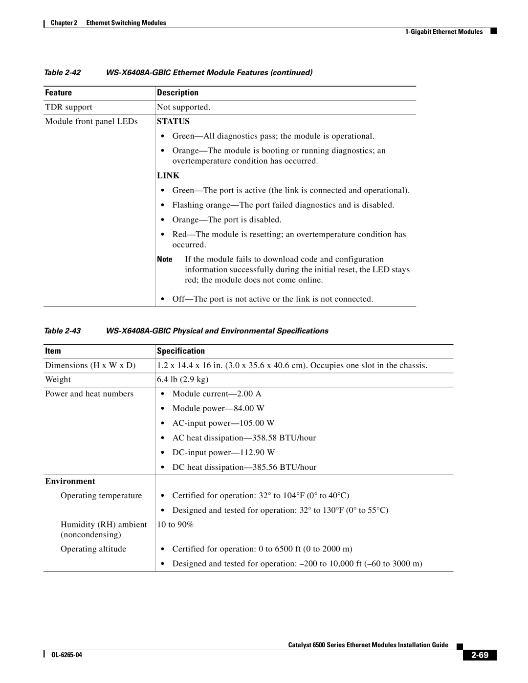 Cisco Systems 6500 manual WS-X6408A-GBIC Physical and Environmental Specifications 