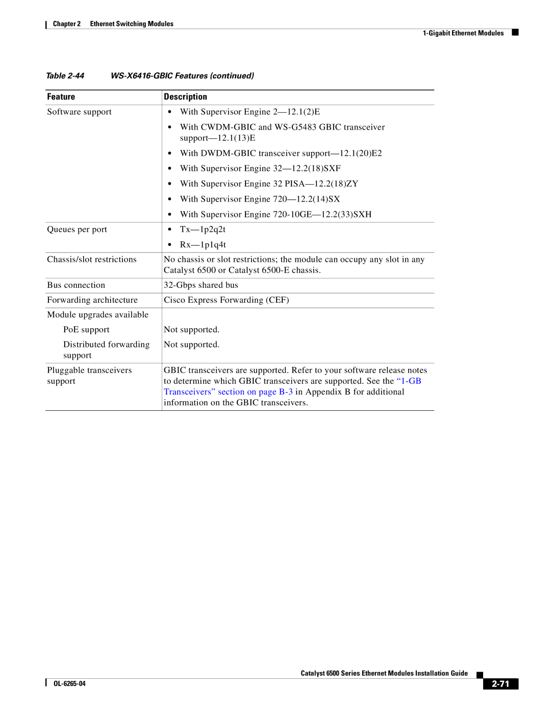 Cisco Systems 6500 manual WS-X6416-GBIC Features 