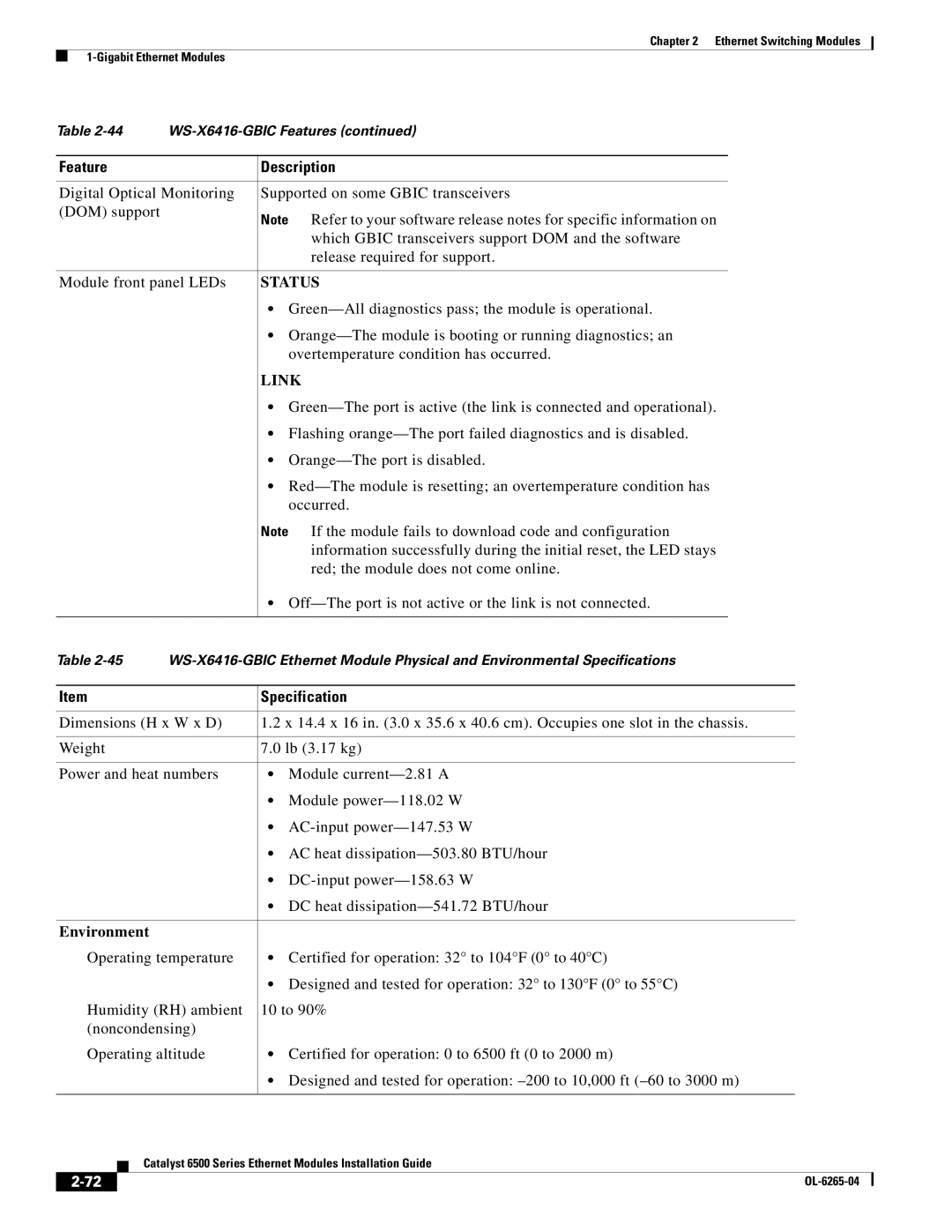 Cisco Systems 6500 manual Specification 