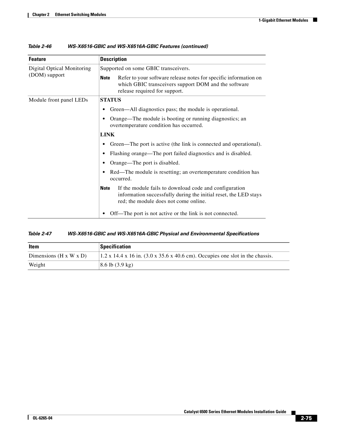 Cisco Systems 6500 manual Specification 