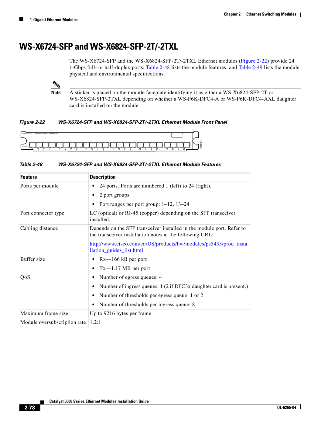Cisco Systems 6500 manual WS-X6724-SFP and WS-X6824-SFP-2T/-2TXL, Feature Description 
