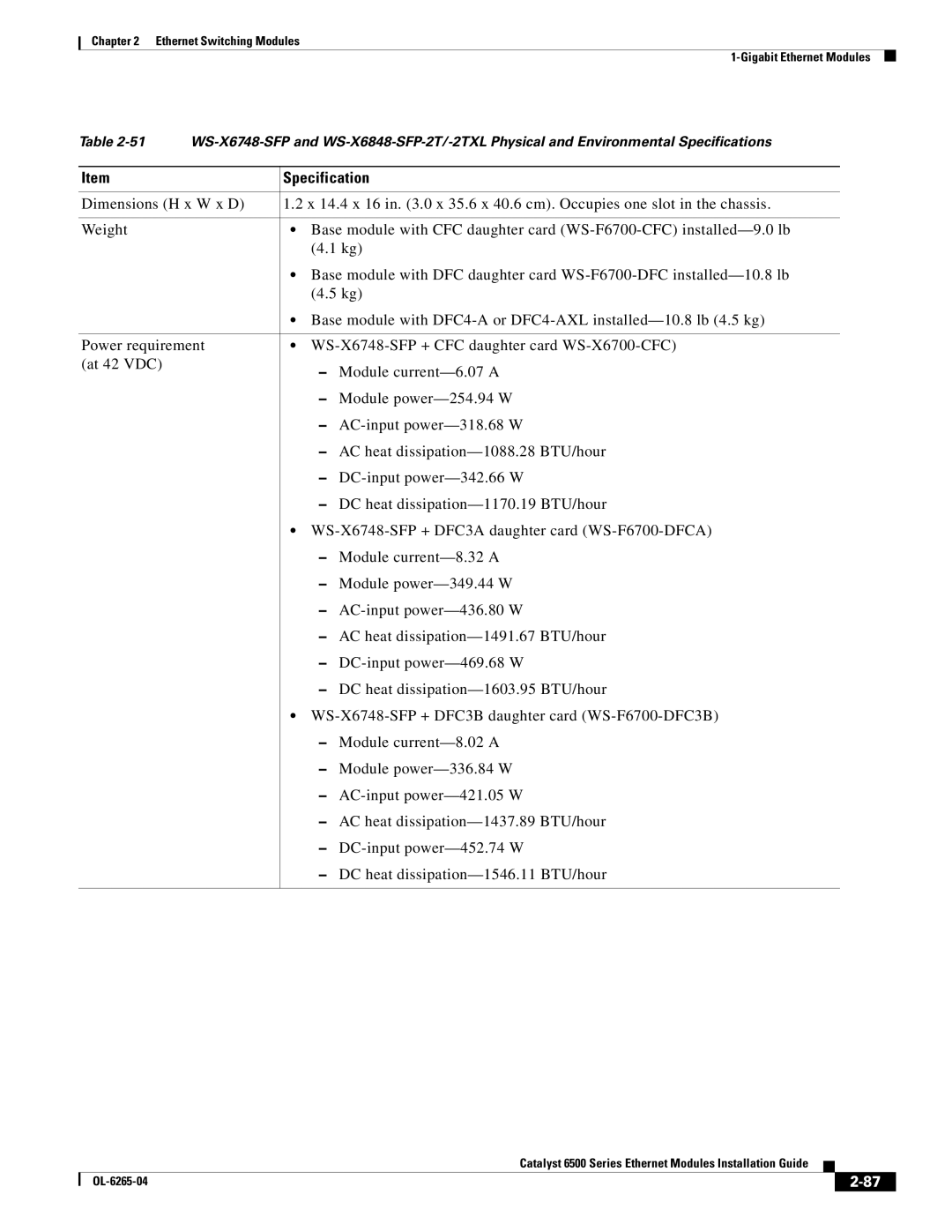 Cisco Systems 6500 manual Specification 