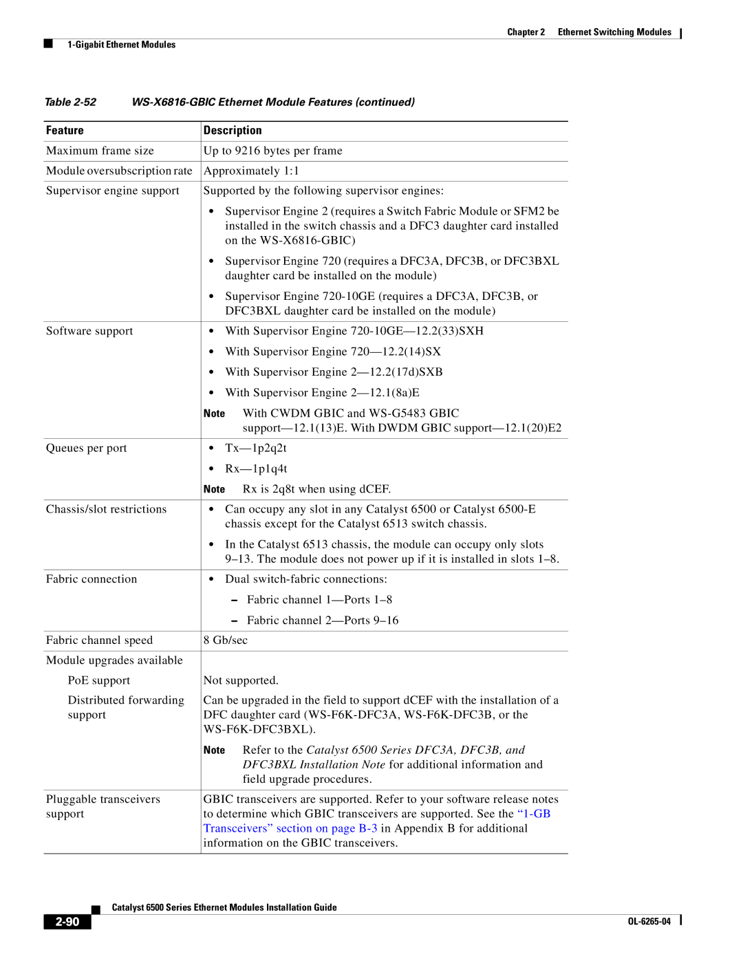 Cisco Systems 6500 manual Transceivers section on page B-3in Appendix B for additional 