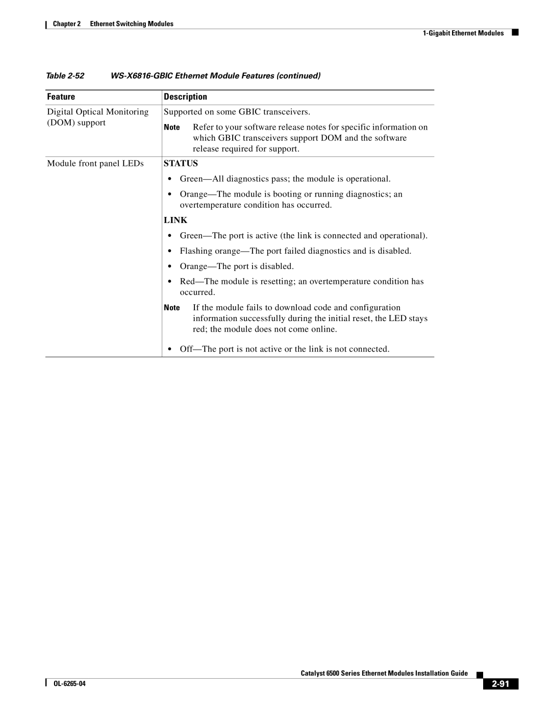 Cisco Systems 6500 manual WS-X6816-GBIC Ethernet Module Features 