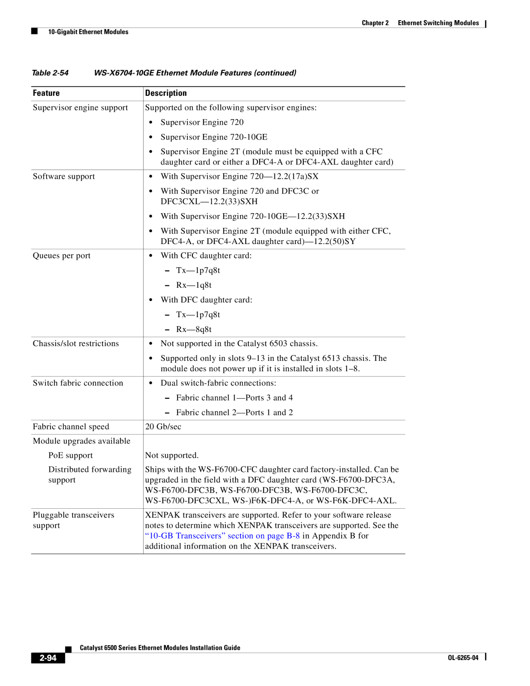 Cisco Systems 6500 manual GB Transceivers section on page B-8 in Appendix B for 