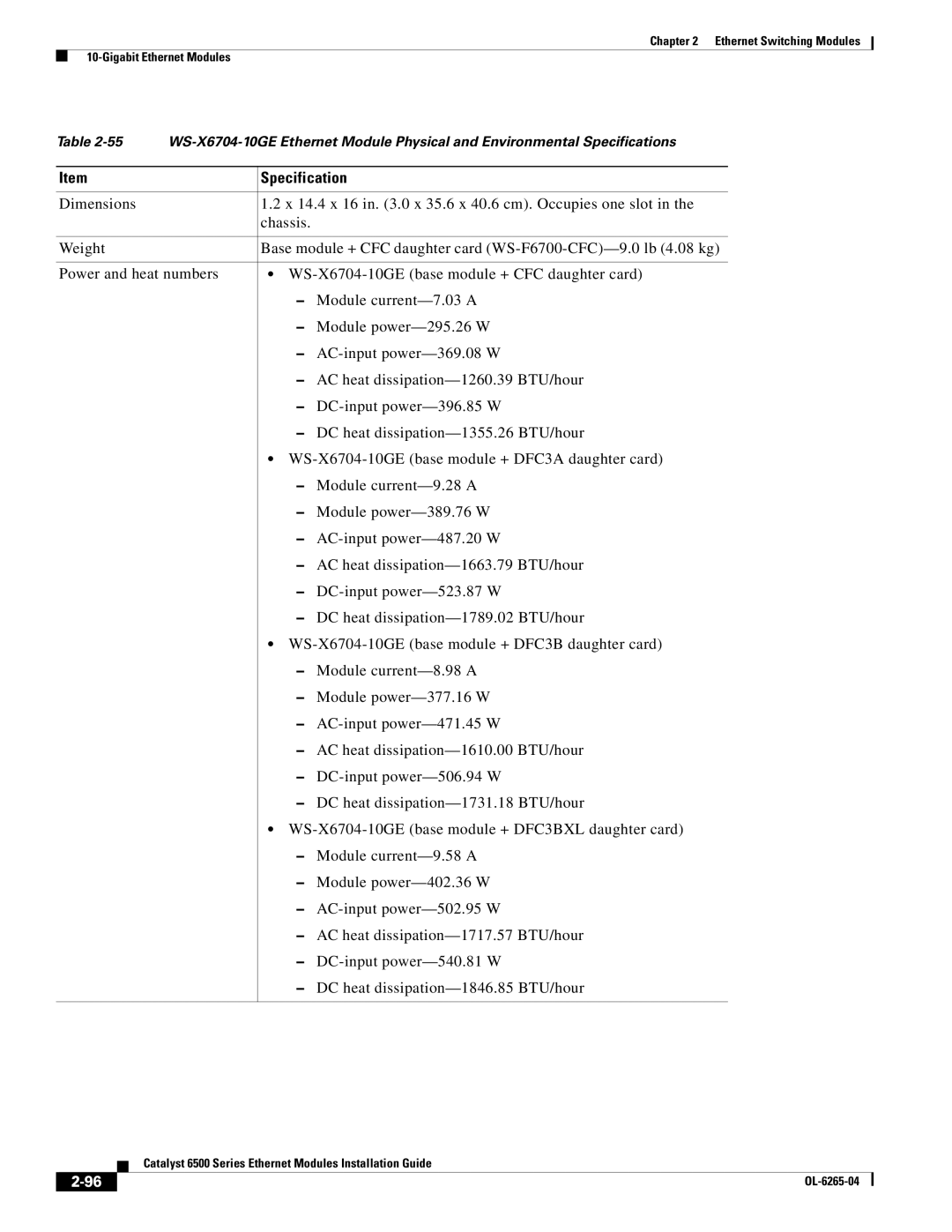 Cisco Systems 6500 manual Specification 