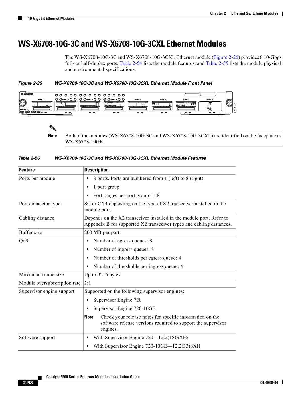 Cisco Systems 6500 manual WS-X6708-10G-3C and WS-X6708-10G-3CXL Ethernet Modules, Feature Description 