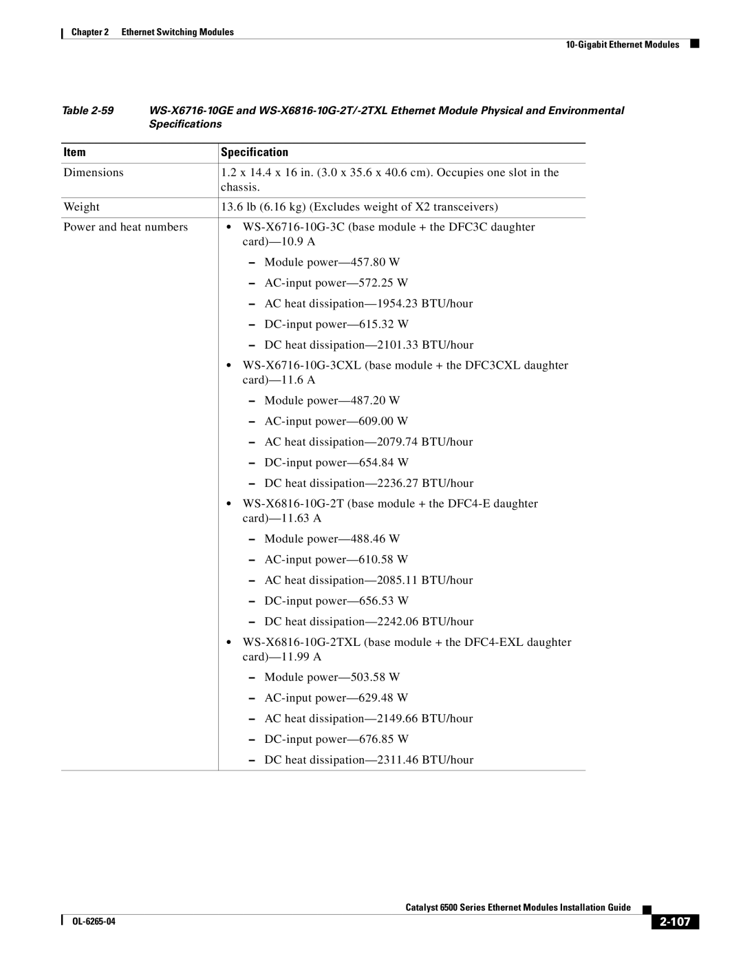 Cisco Systems 6500 manual Specification, 107 