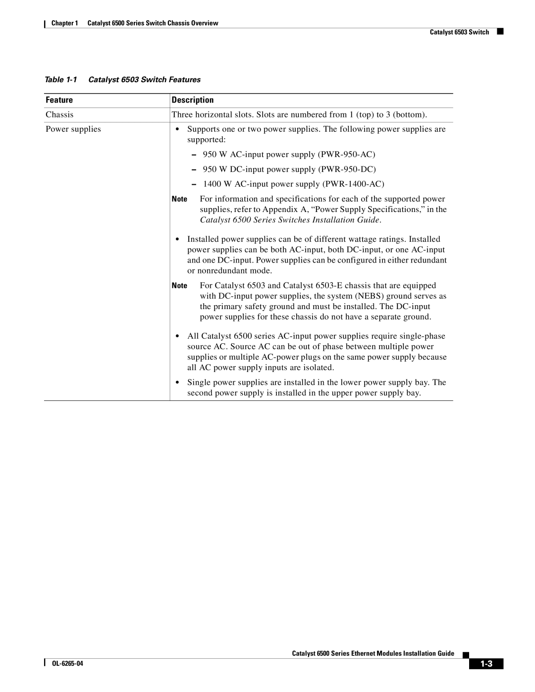 Cisco Systems manual Feature Description, Catalyst 6500 Series Switches Installation Guide 