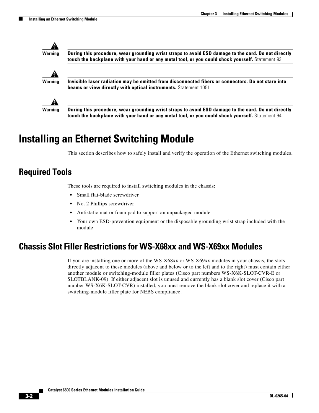 Cisco Systems 6500 manual Installing an Ethernet Switching Module, Required Tools 