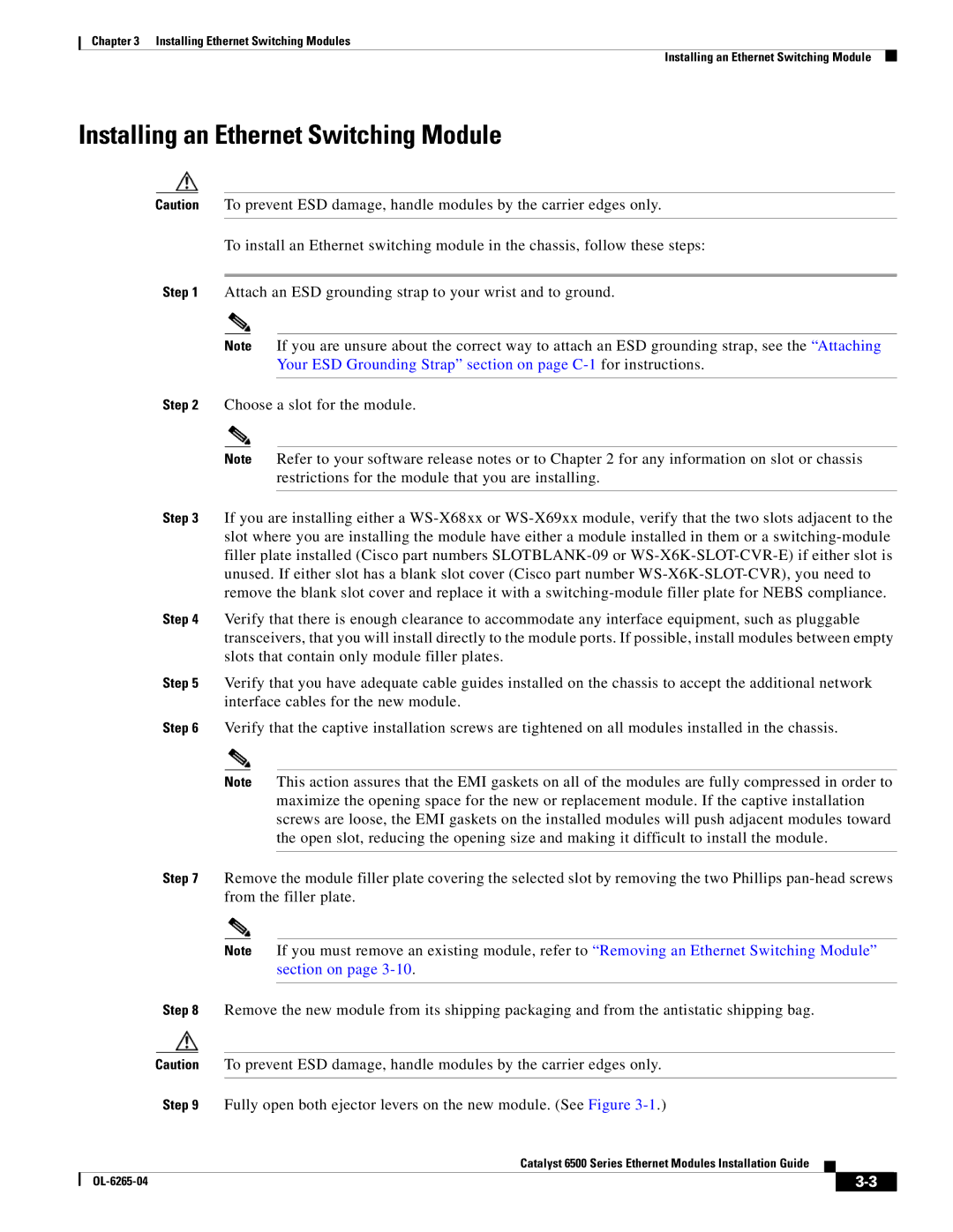 Cisco Systems 6500 manual Installing an Ethernet Switching Module 