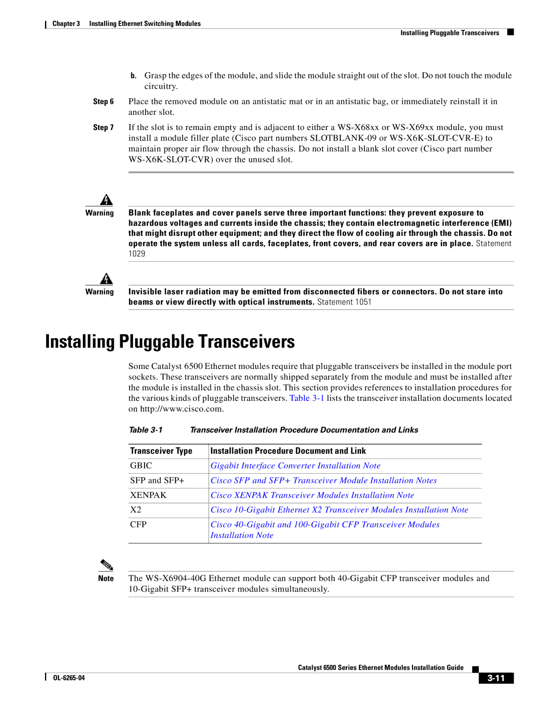 Cisco Systems 6500 manual Installing Pluggable Transceivers, Transceiver Type Installation Procedure Document and Link 