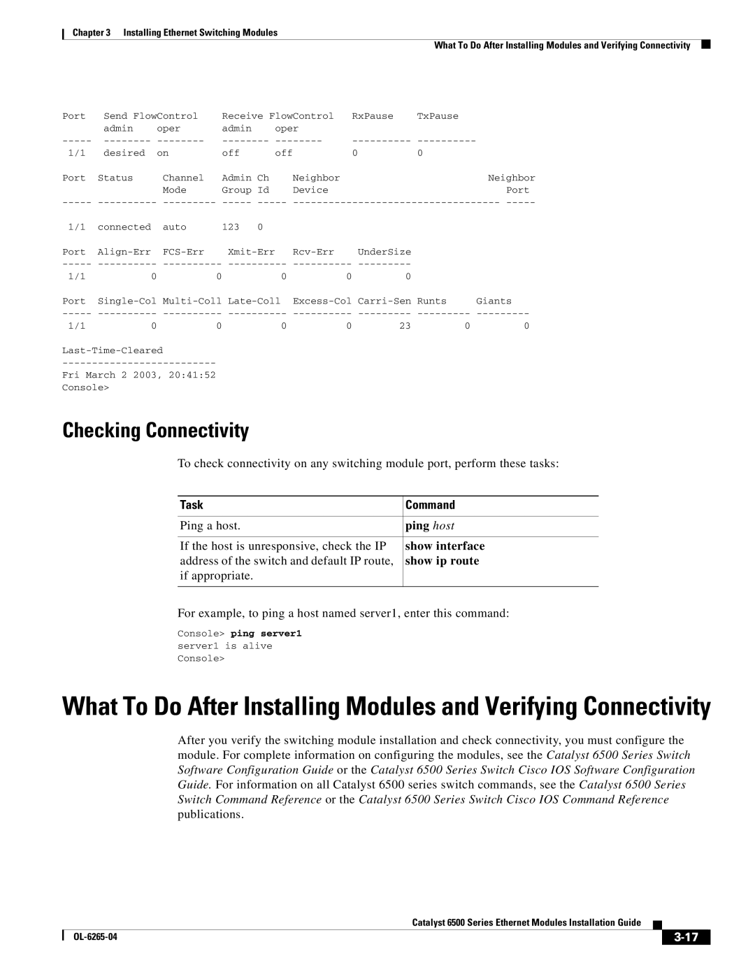 Cisco Systems 6500 manual Checking Connectivity, Task Command 