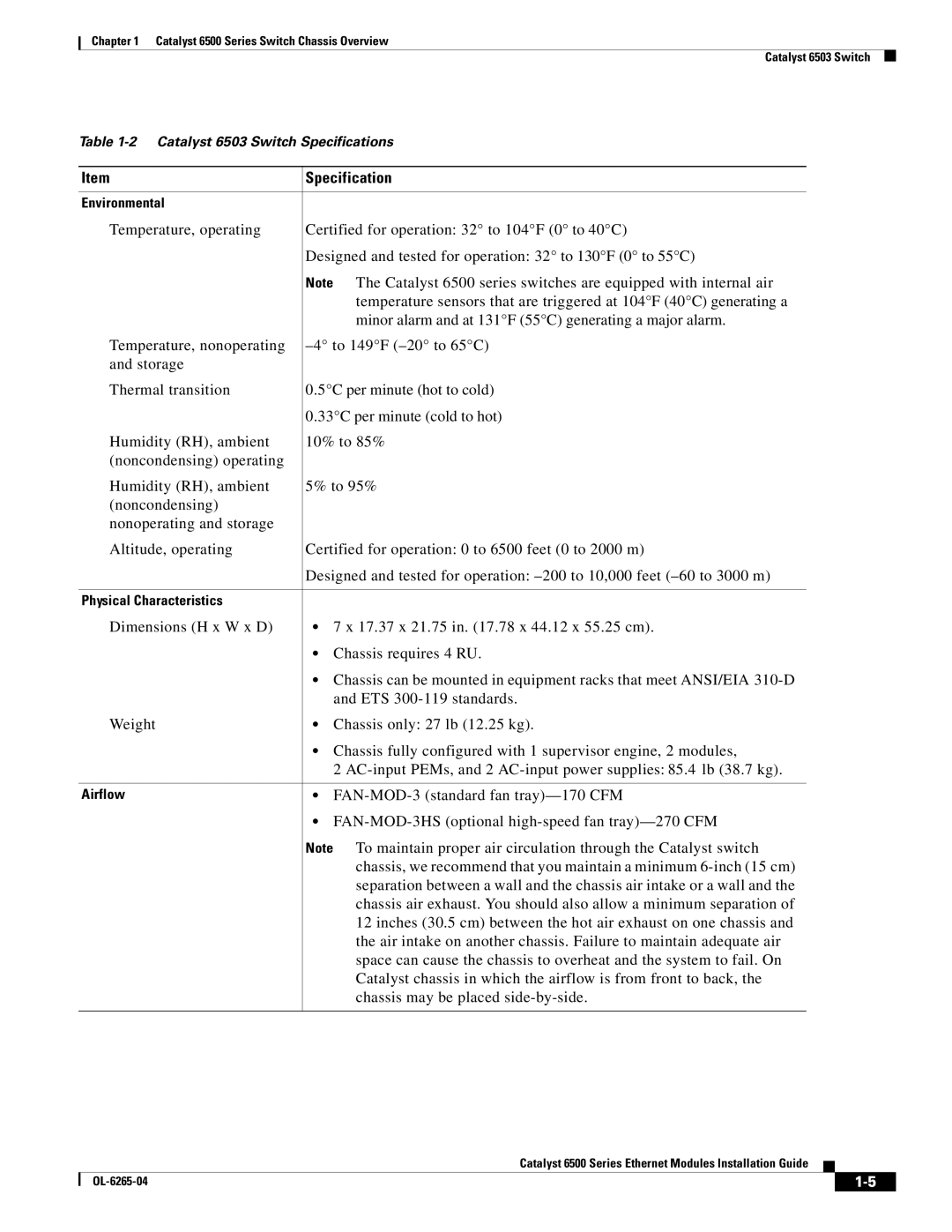 Cisco Systems 6500 manual Specification, Chassis may be placed side-by-side 