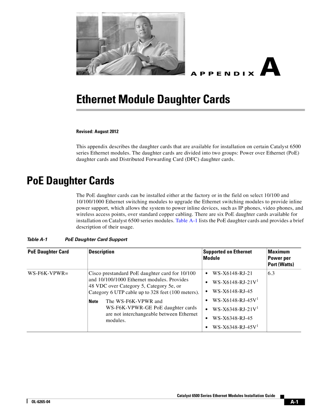 Cisco Systems 6500 manual PoE Daughter Cards, PoE Daughter Card Description, Maximum, Module Power per Port Watts 