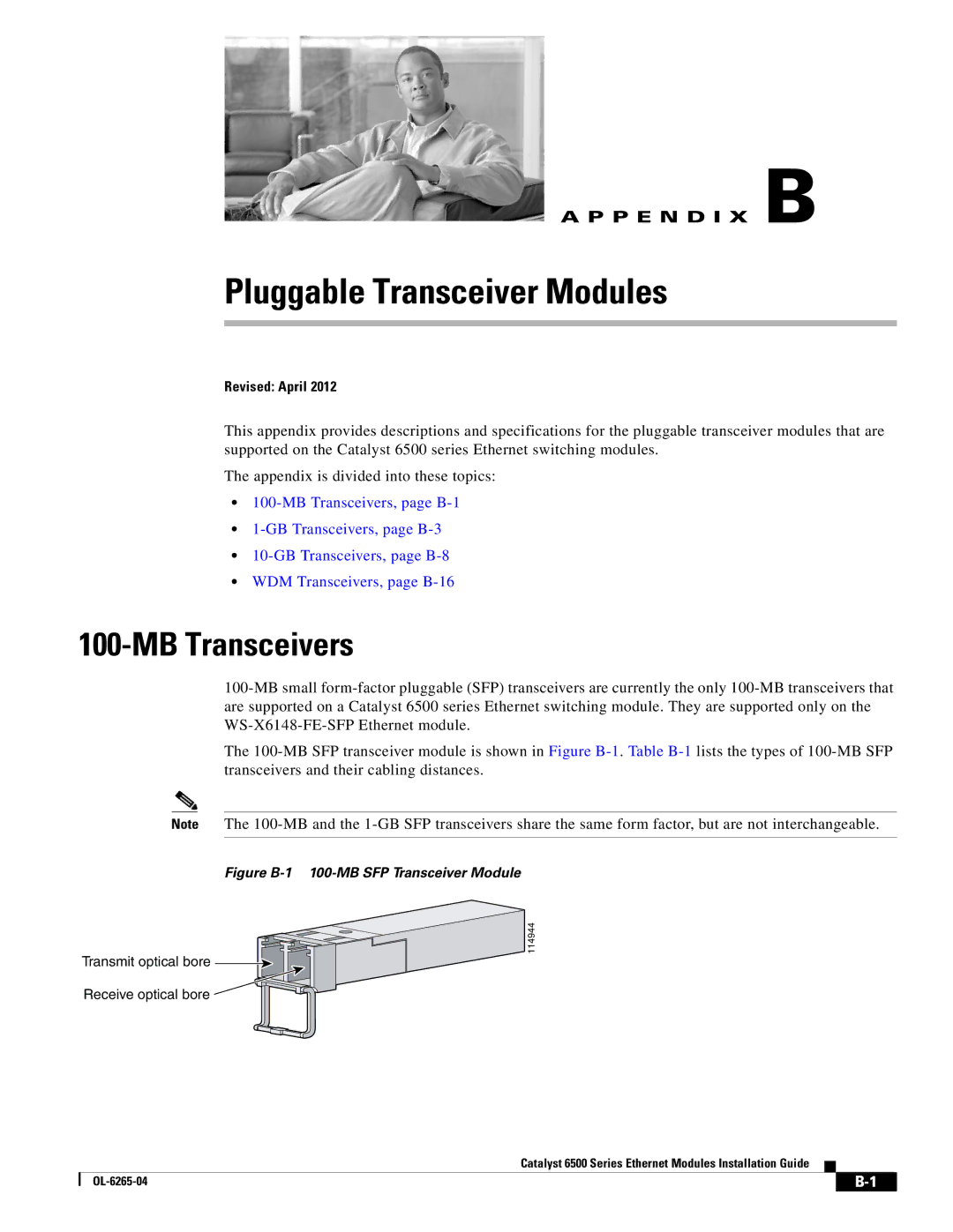 Cisco Systems 6500 manual Pluggable Transceiver Modules, MB Transceivers 