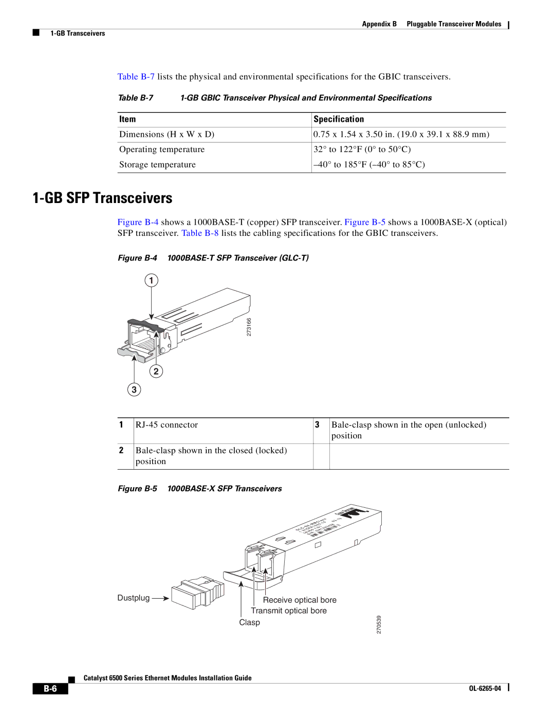 Cisco Systems 6500 manual GB SFP Transceivers, Clasp 