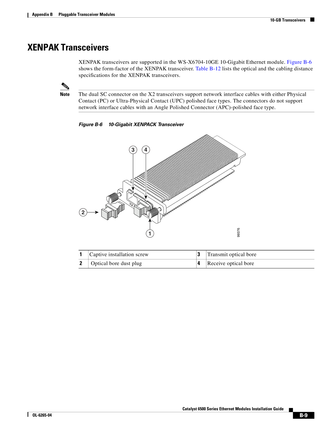 Cisco Systems 6500 manual Xenpak Transceivers, Figure B-6 10-Gigabit Xenpack Transceiver 