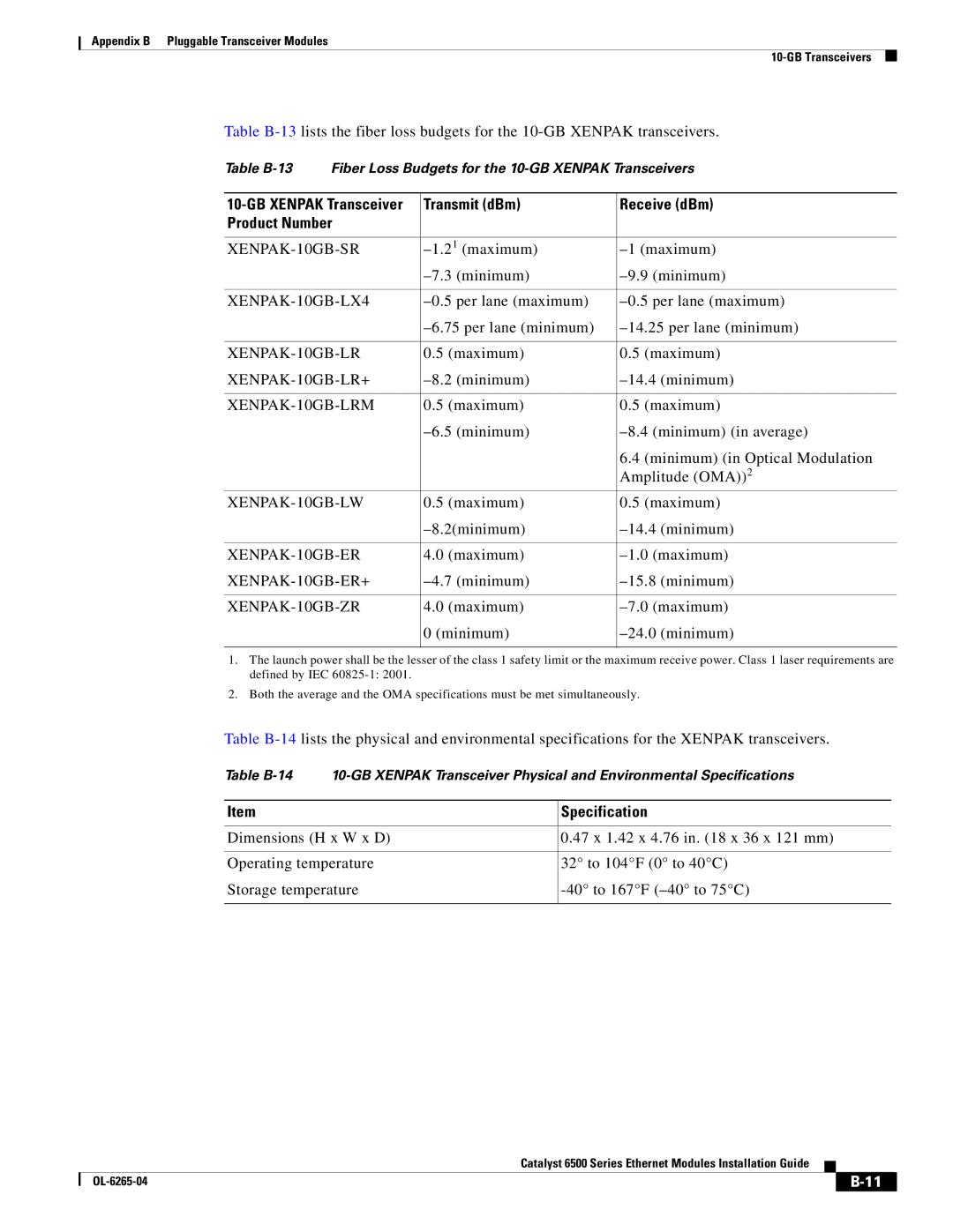 Cisco Systems 6500 manual Transmit dBm Receive dBm Product Number, Specification 