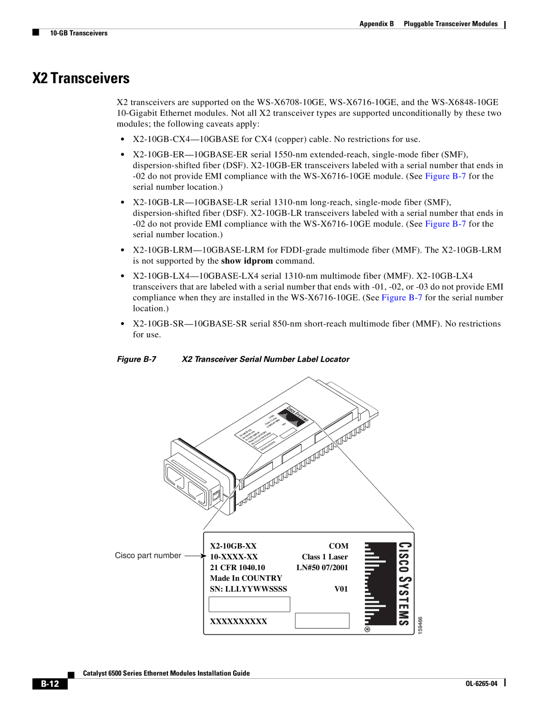 Cisco Systems 6500 manual X2 Transceivers, Cisco part number 