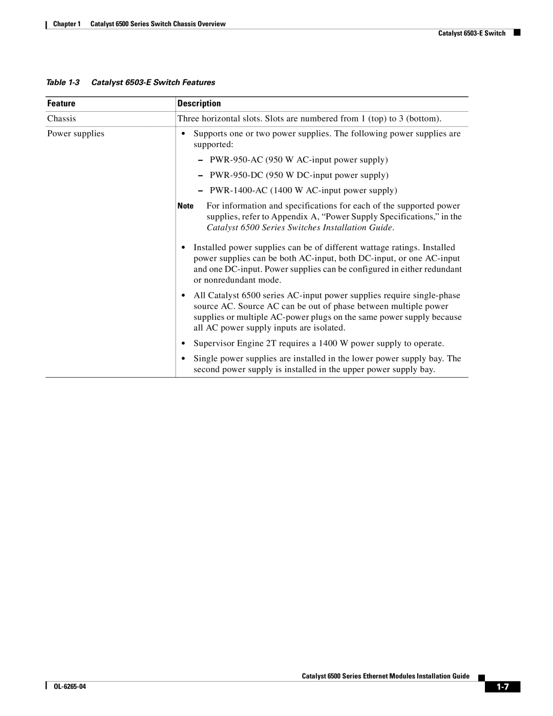 Cisco Systems 6500 manual Catalyst 6503-E Switch Features 