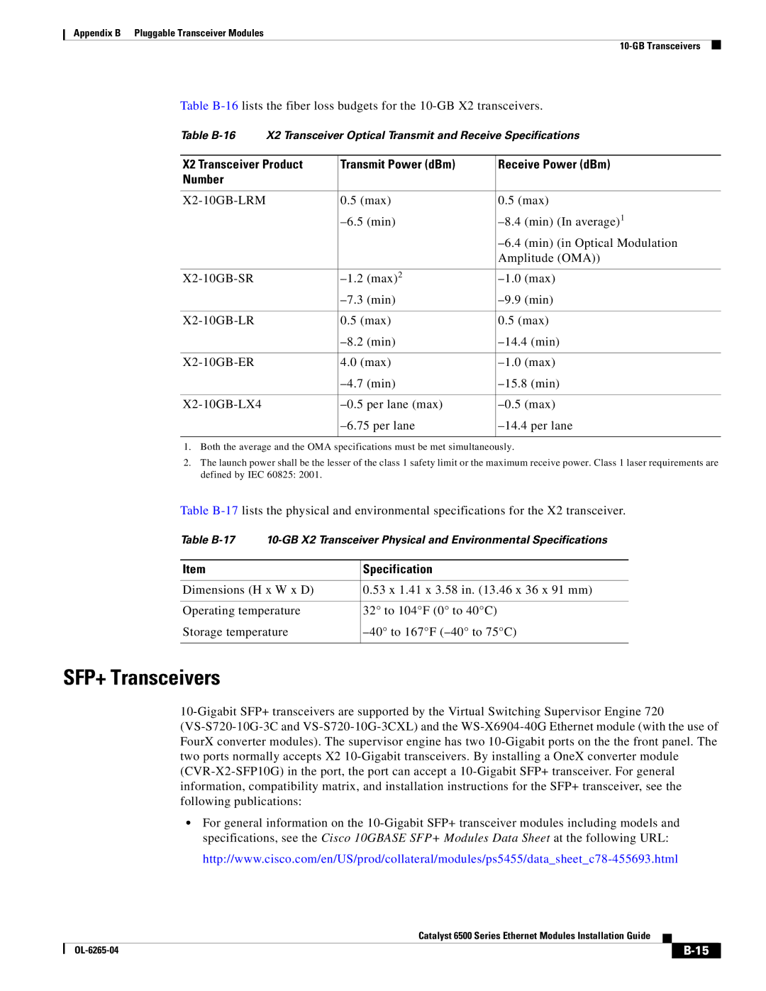 Cisco Systems 6500 manual SFP+ Transceivers, Specification 