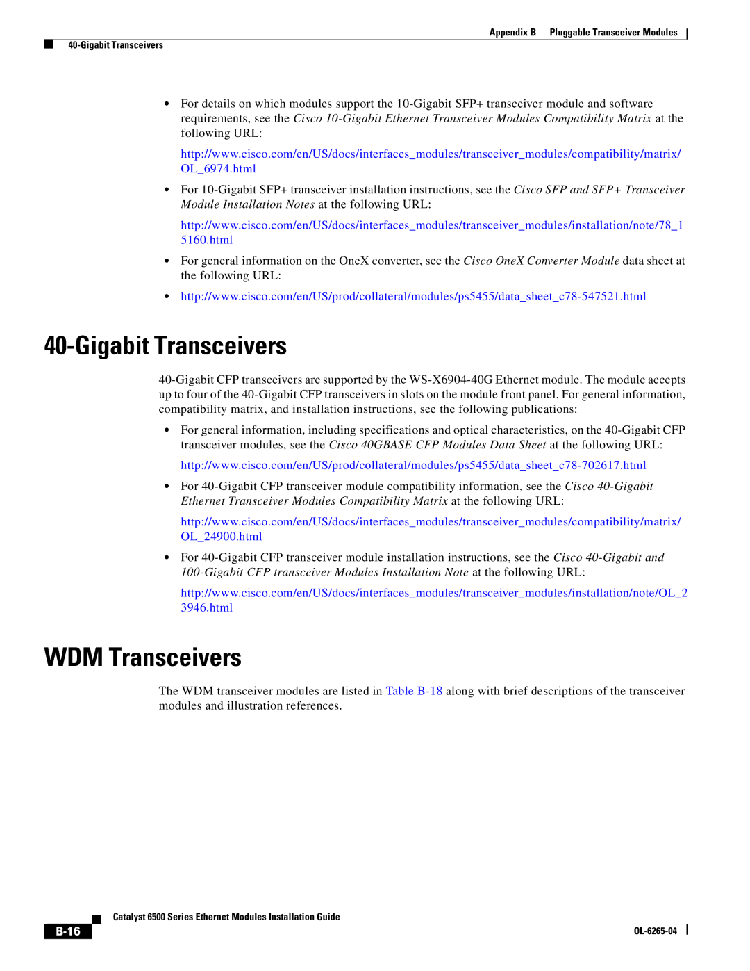 Cisco Systems 6500 manual Gigabit Transceivers, WDM Transceivers 