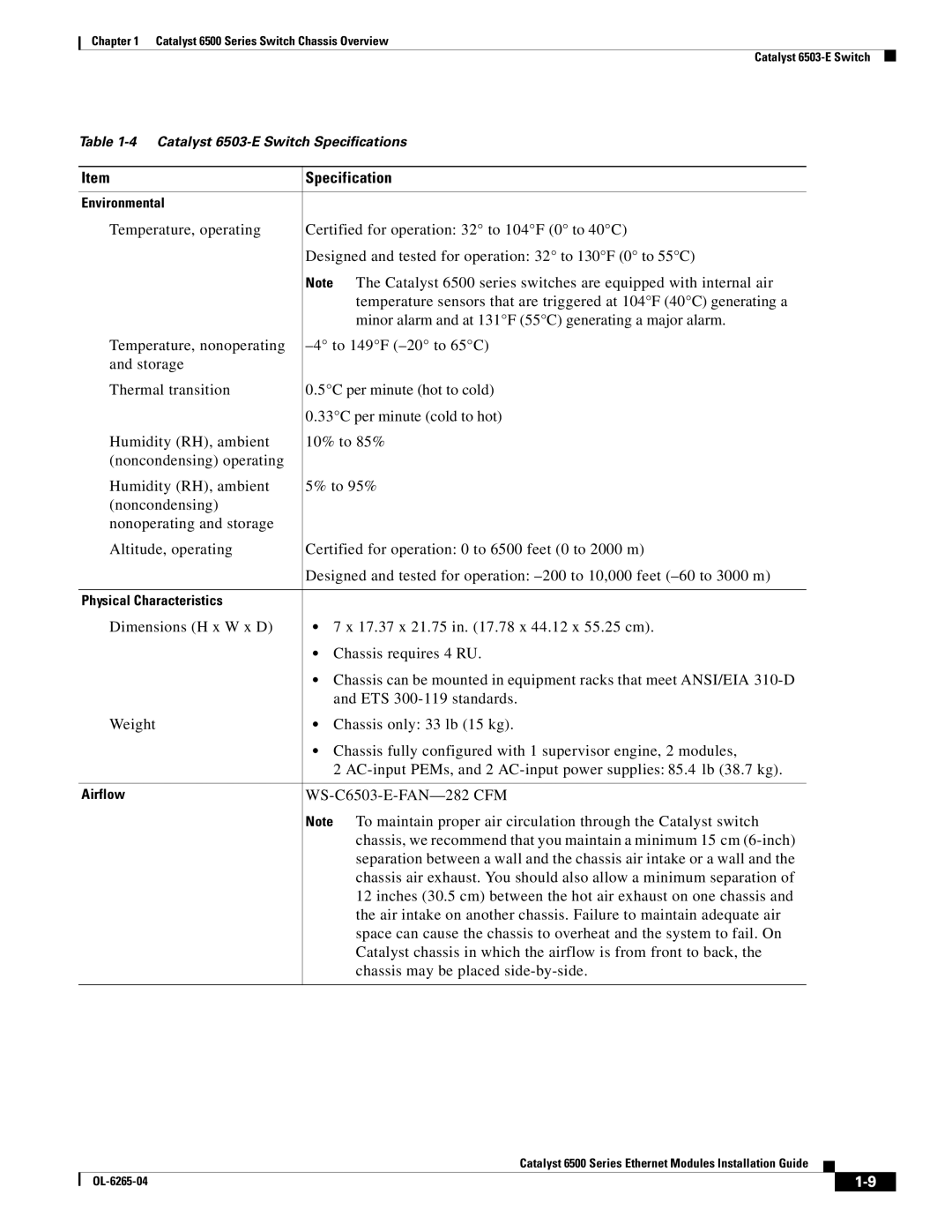 Cisco Systems 6500 manual WS-C6503-E-FAN-282 CFM 