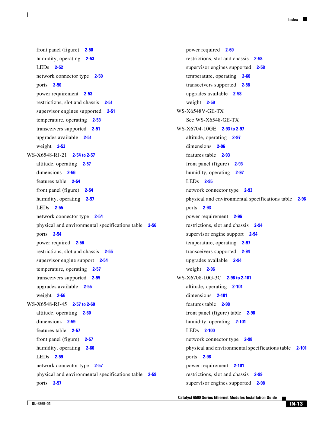 Cisco Systems 6500 manual WS-X6548V-GE-TX, IN-13 