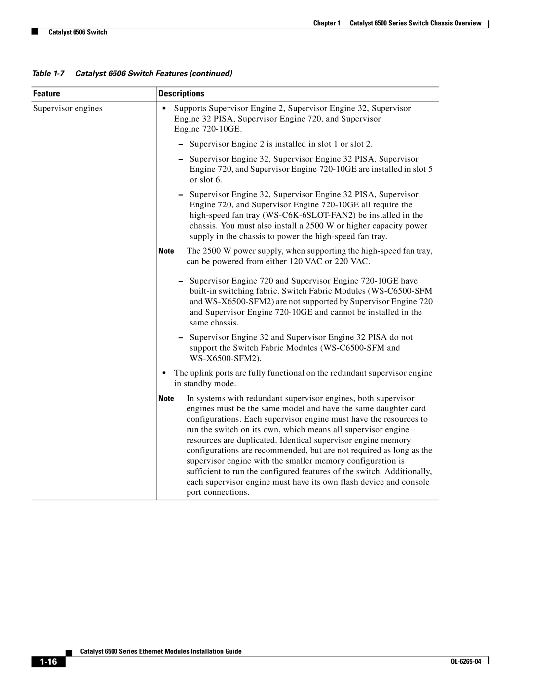 Cisco Systems 6500 manual Feature Descriptions 