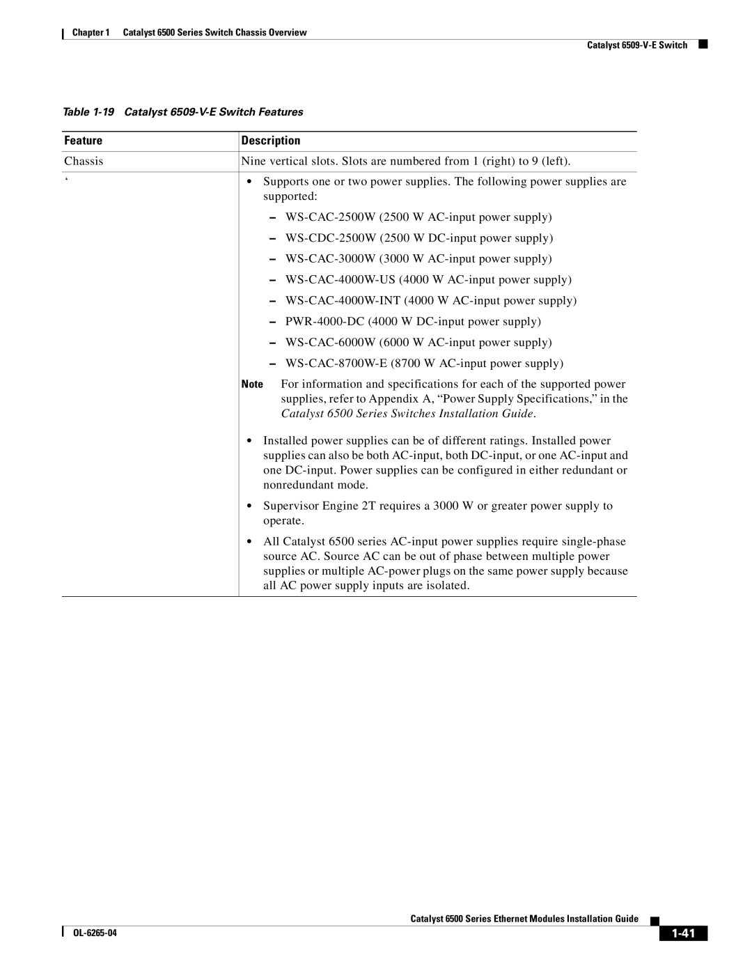 Cisco Systems 6500 manual Catalyst 6509-V-E Switch Features 