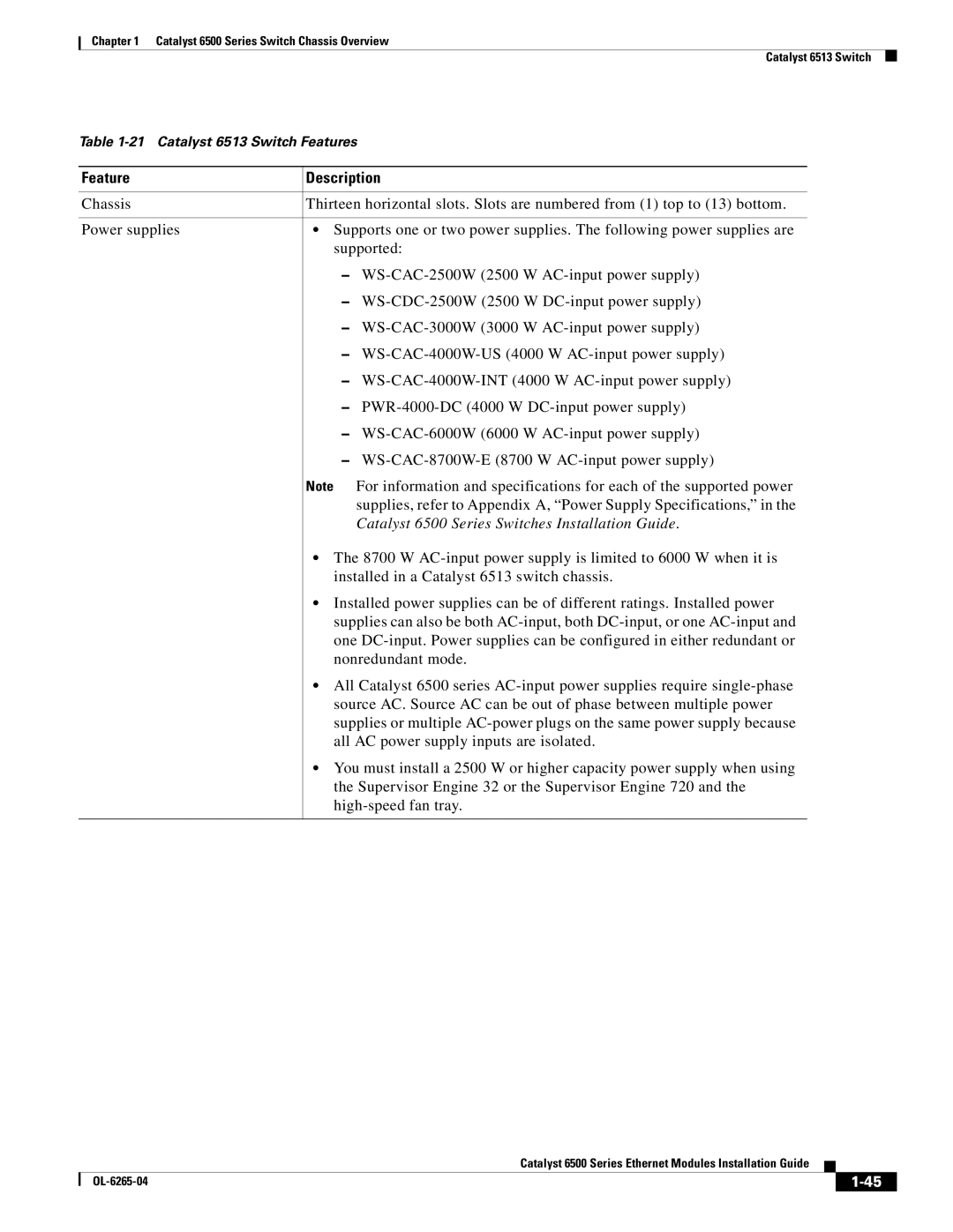 Cisco Systems 6500 manual W AC-input power supply is limited to 6000 W when it is 