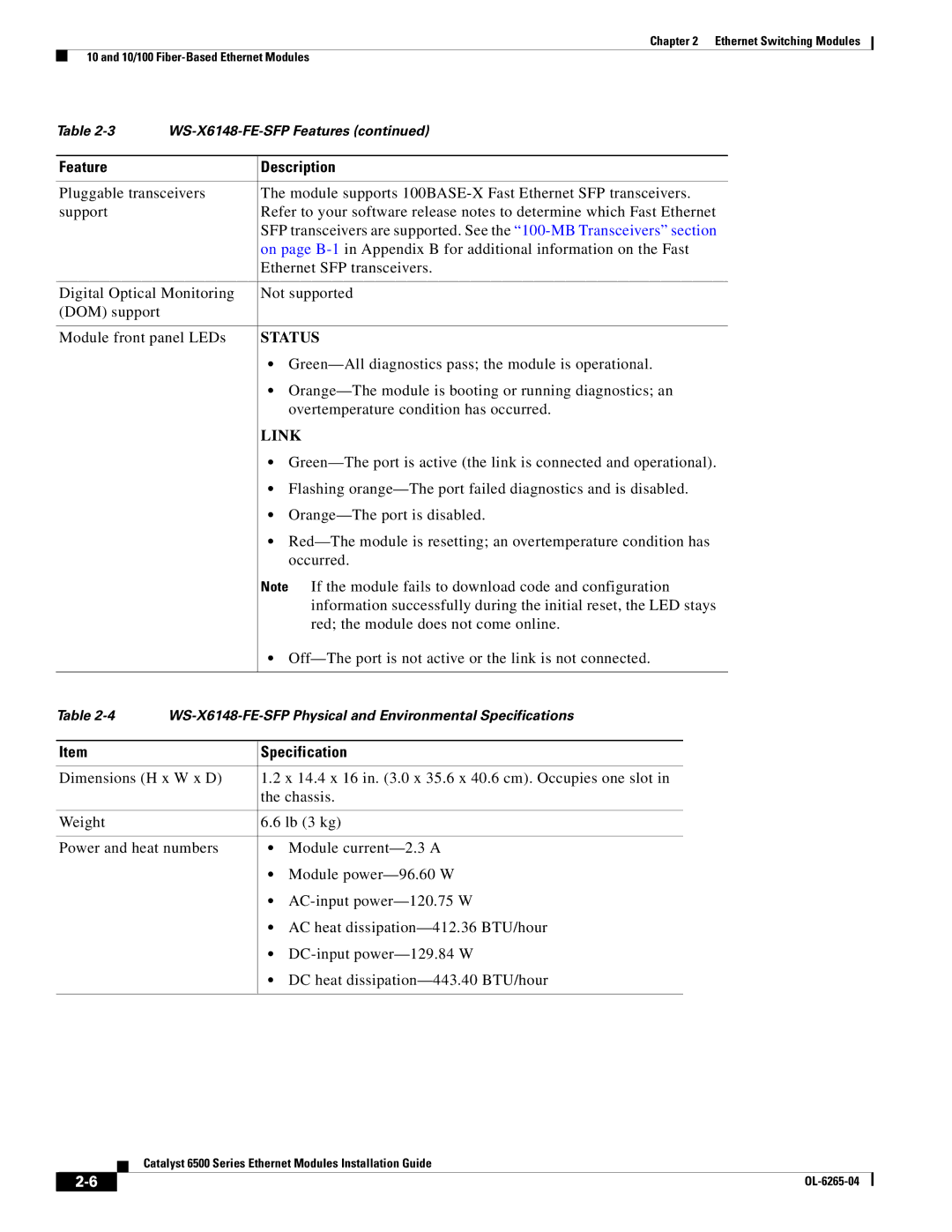 Cisco Systems 6500 manual WS-X6148-FE-SFP Physical and Environmental Specifications 