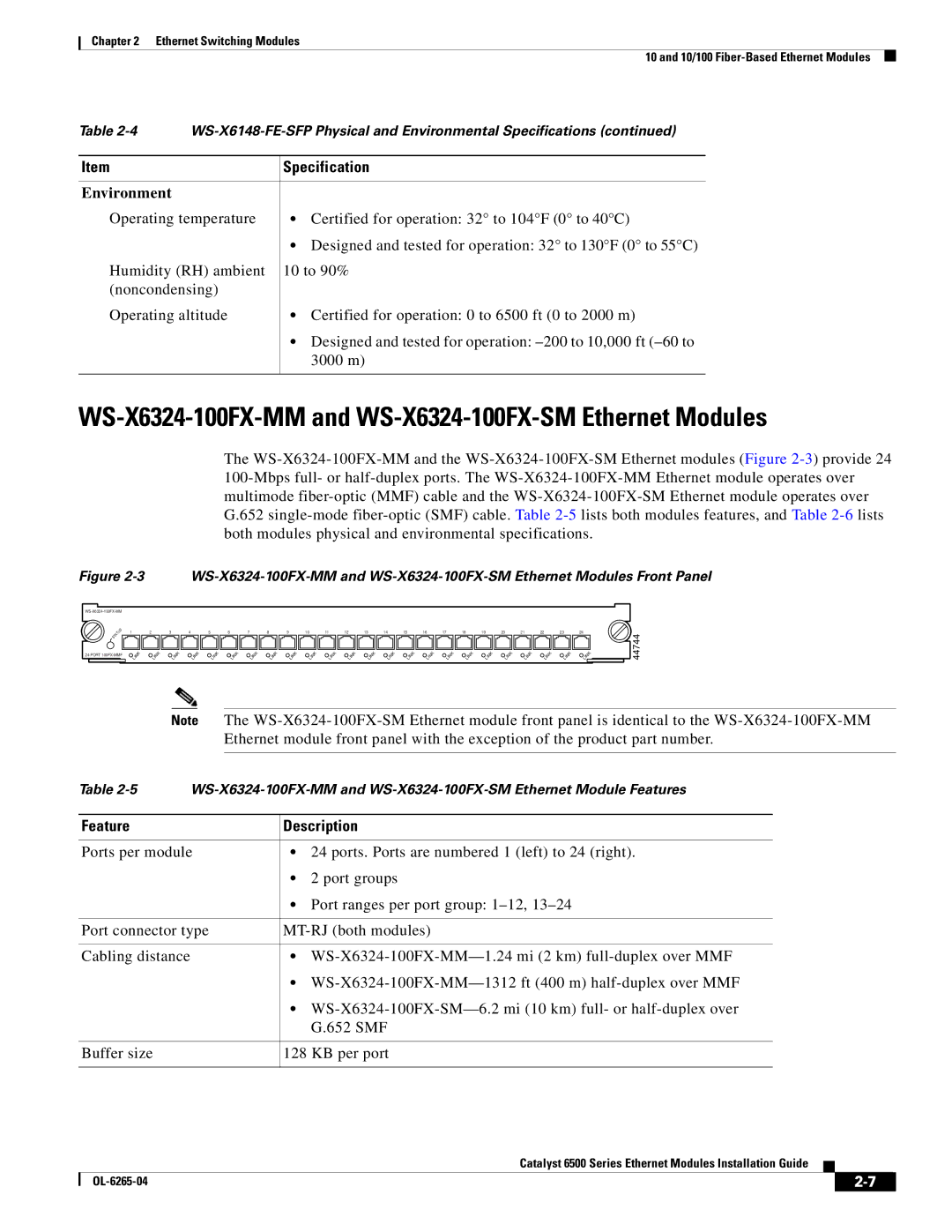 Cisco Systems 6500 manual WS-X6324-100FX-MM and WS-X6324-100FX-SM Ethernet Modules 