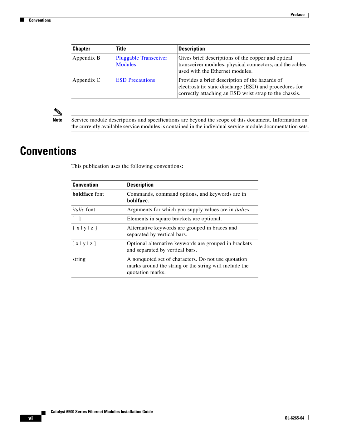 Cisco Systems 6500 manual Conventions, Convention Description 