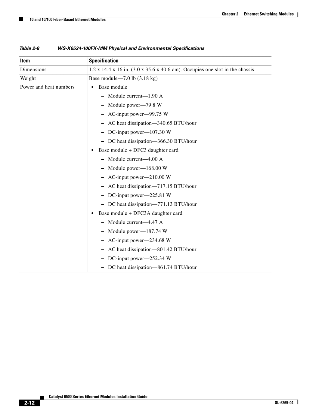 Cisco Systems 6500 manual WS-X6524-100FX-MM Physical and Environmental Specifications 