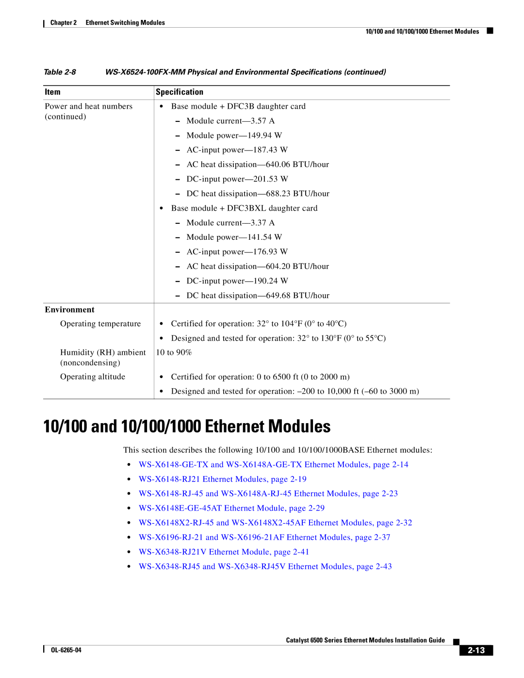 Cisco Systems 6500 manual 10/100 and 10/100/1000 Ethernet Modules 