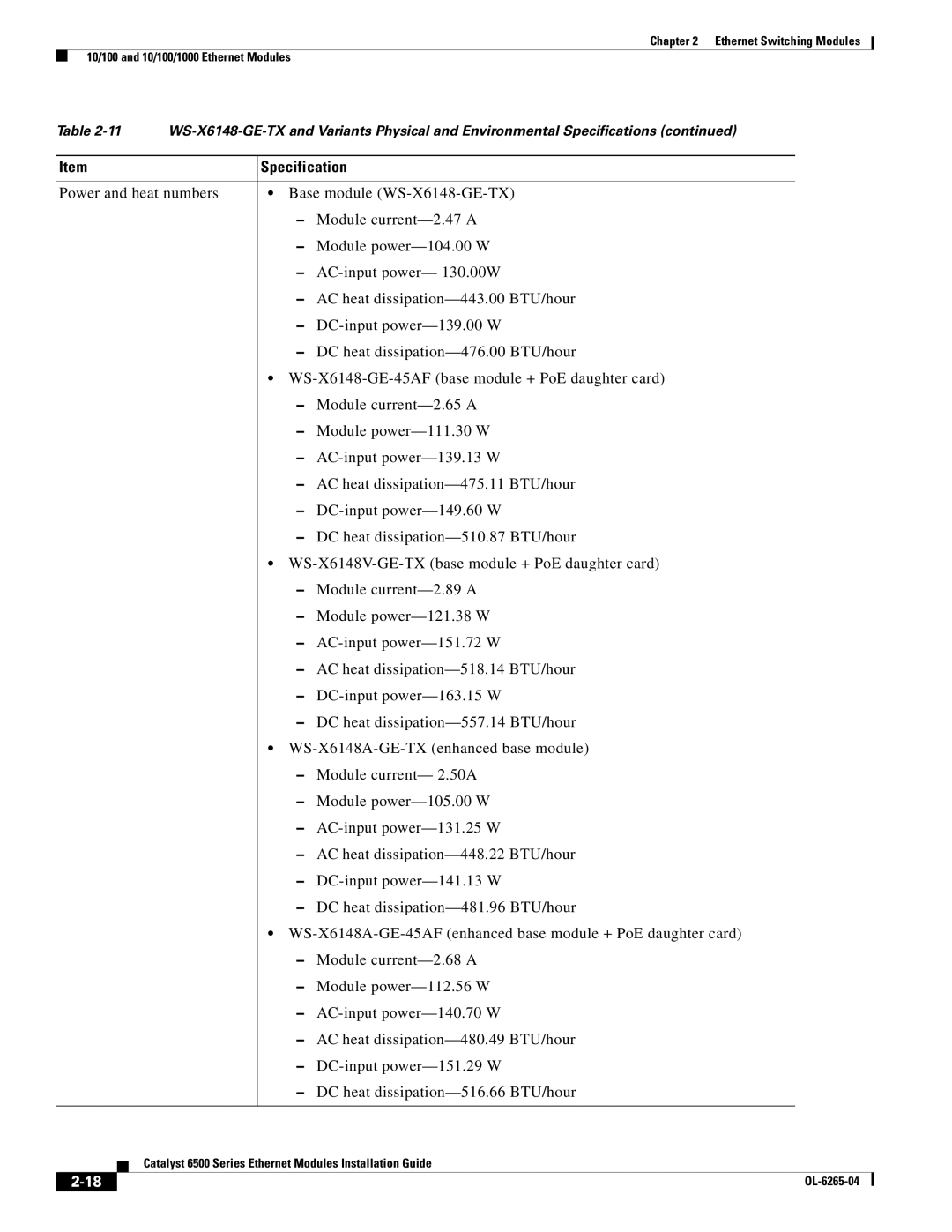 Cisco Systems 6500 manual Specification 