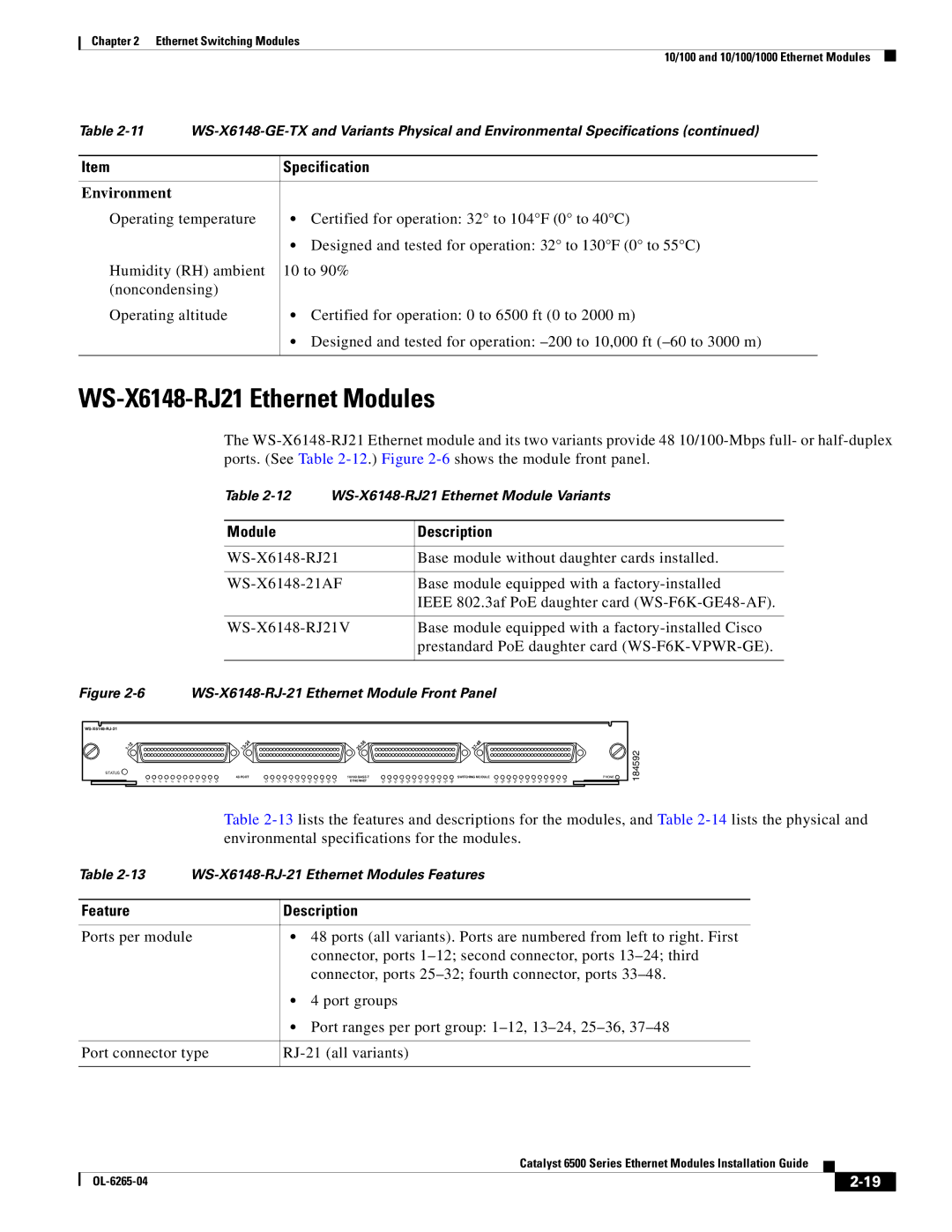 Cisco Systems 6500 manual WS-X6148-RJ21 Ethernet Modules, Module Description 