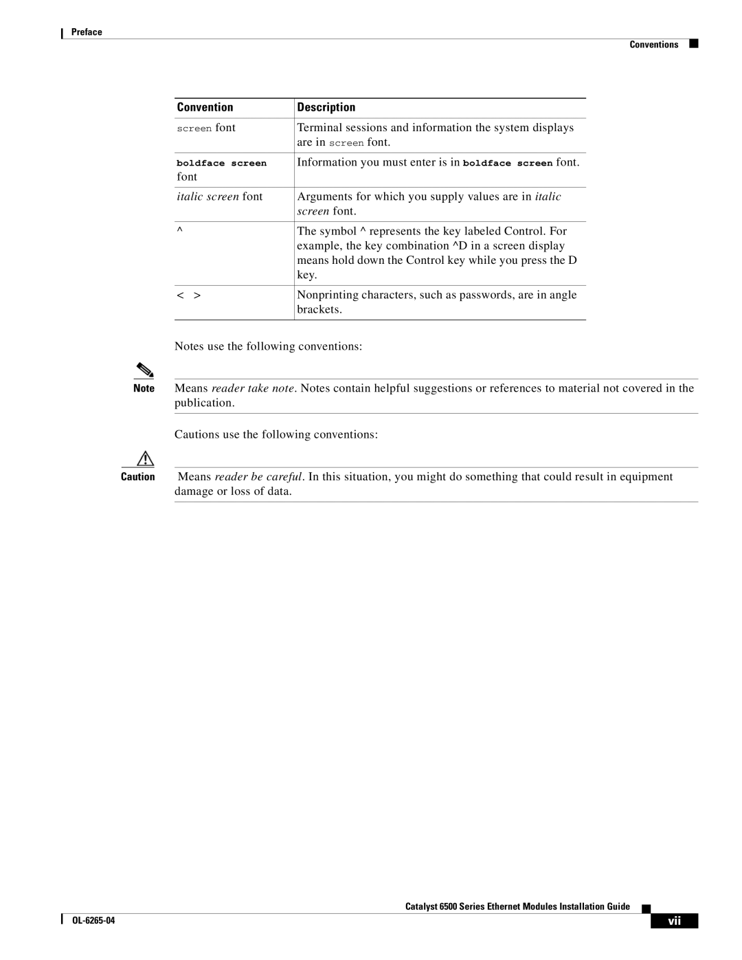 Cisco Systems 6500 manual Screen font, Vii 