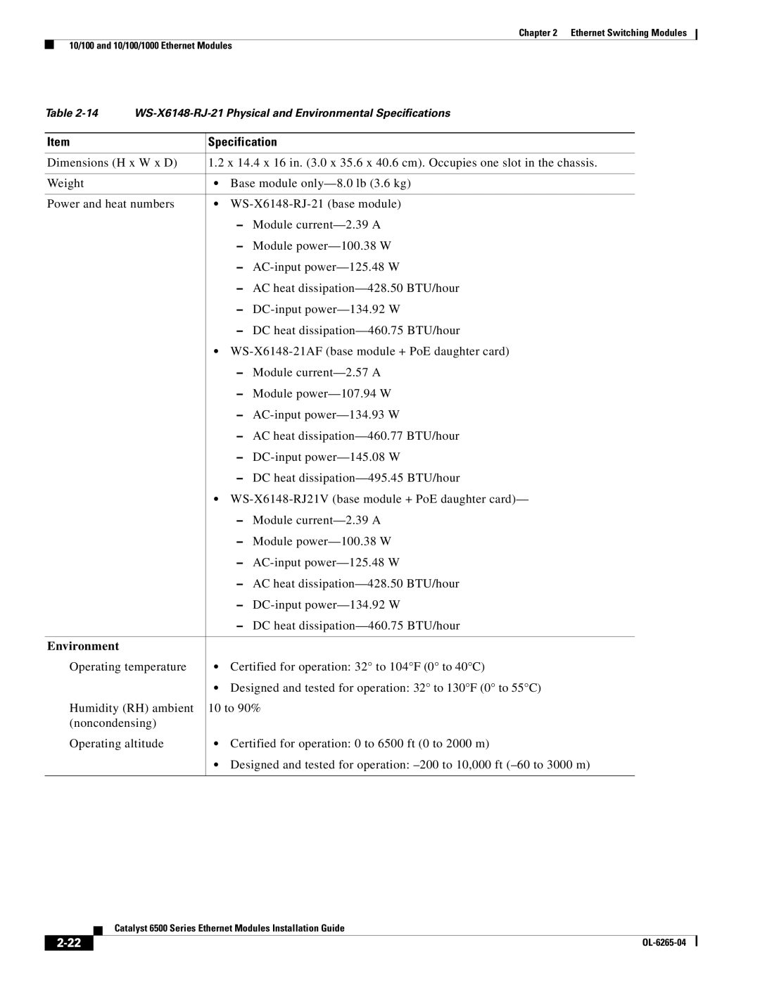 Cisco Systems 6500 manual WS-X6148-RJ-21 Physical and Environmental Specifications 