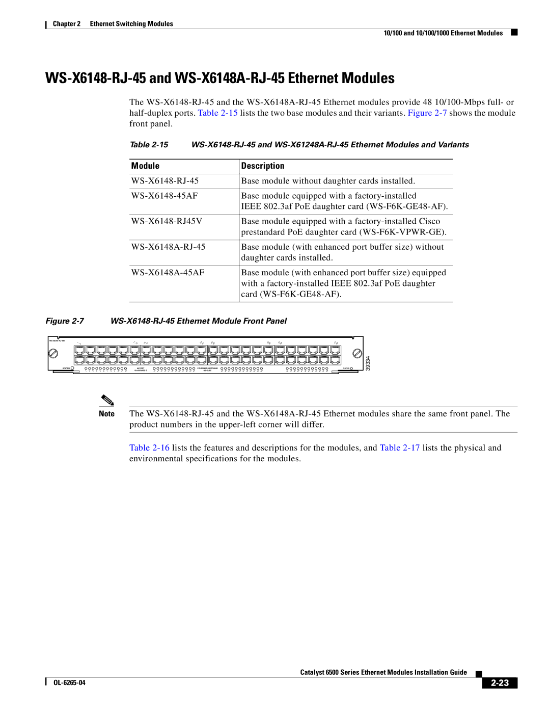 Cisco Systems 6500 manual WS-X6148-RJ-45 and WS-X6148A-RJ-45 Ethernet Modules, WS-X6148-RJ-45 Ethernet Module Front Panel 