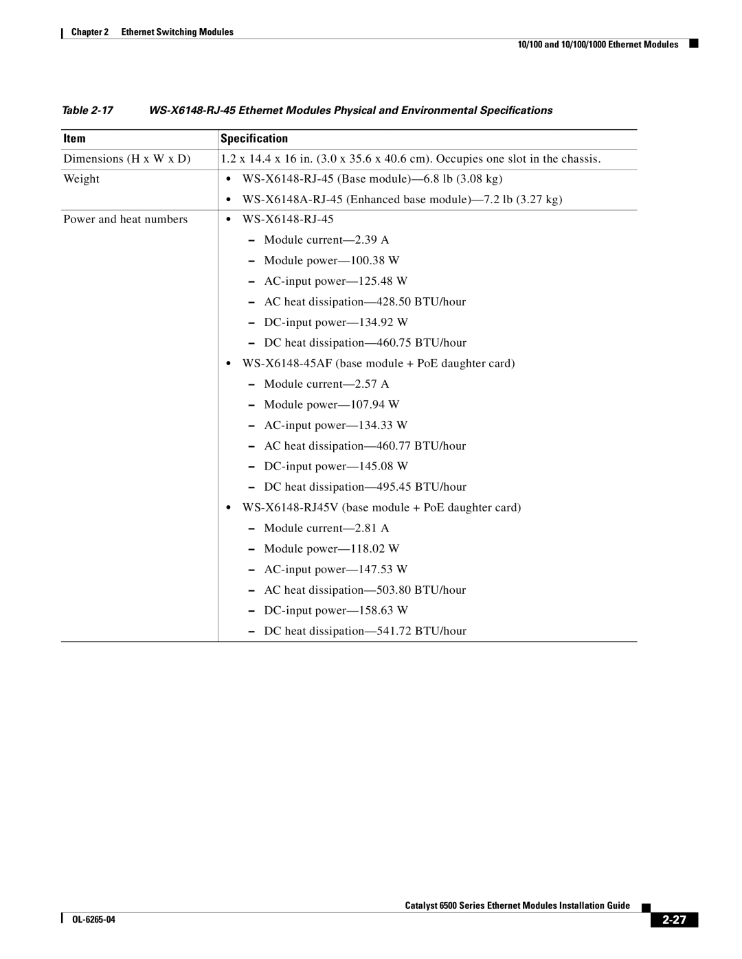 Cisco Systems 6500 manual Specification 