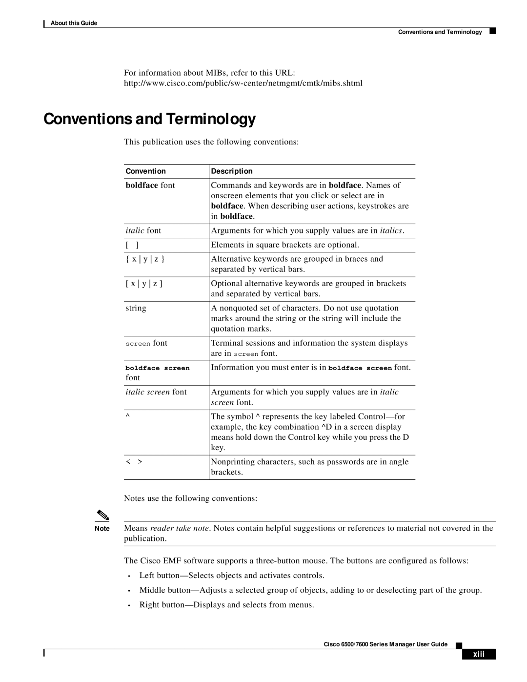 Cisco Systems 6500/7600 manual Conventions and Terminology, Convention Description, Xiii 