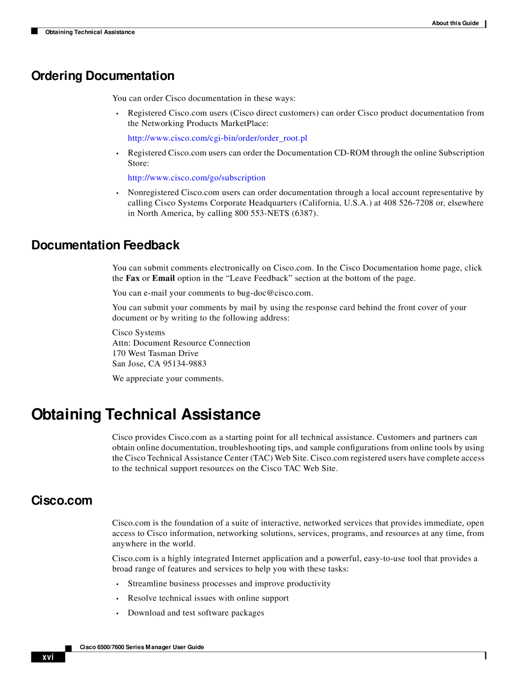 Cisco Systems 6500/7600 manual Obtaining Technical Assistance, Cisco.com, Xvi 