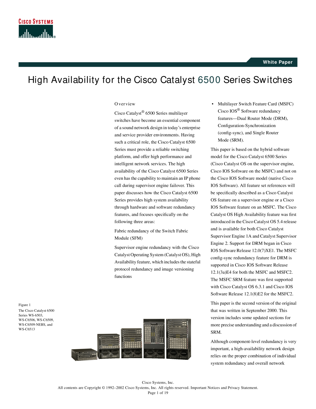 Cisco Systems 6503 manual High Availability for the Cisco Catalyst 6500 Series Switches, White Paper 
